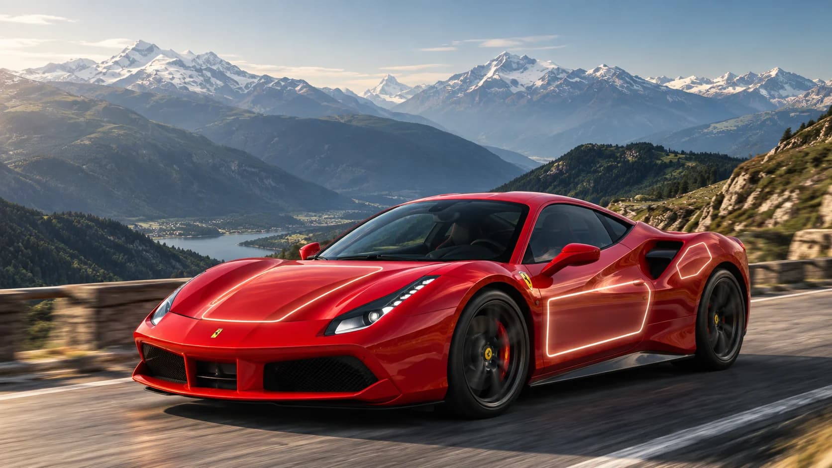 A red Ferrari 488 on a Swiss alpine road with glowing outlines marking the sponsor placements.
