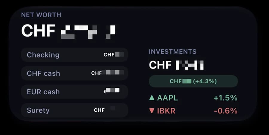 Net Worth Widget showing cash accounts, investments and daily stock moves, amounts blurred.