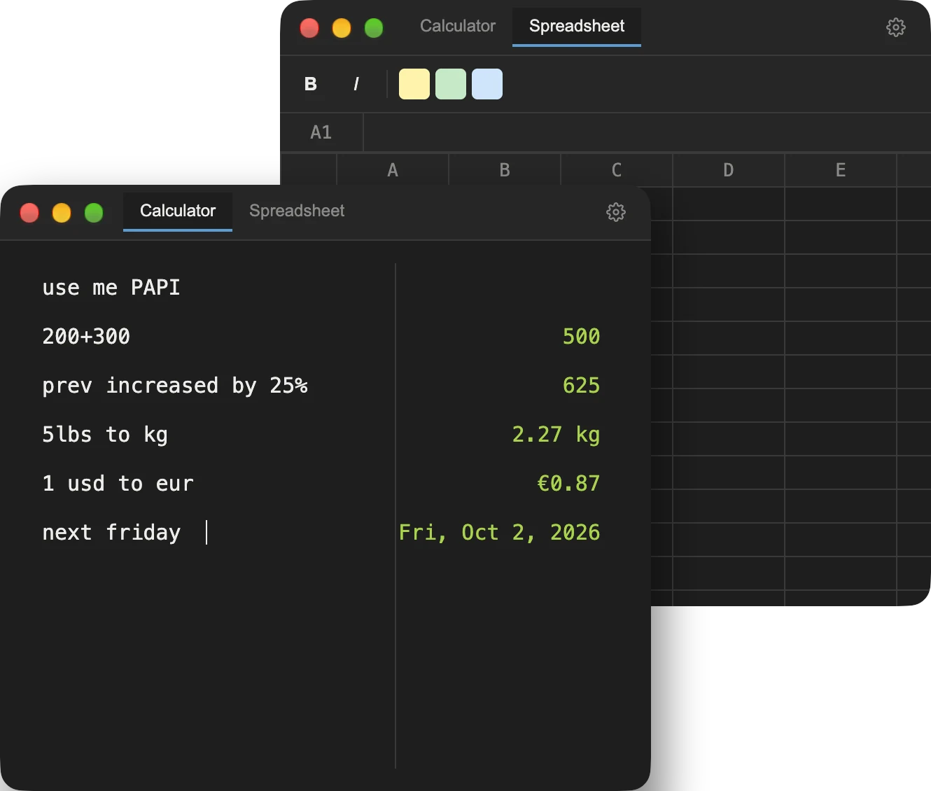 Papi's calculator answering plain-English lines like “5lbs to kg”, with its spreadsheet tab behind it.